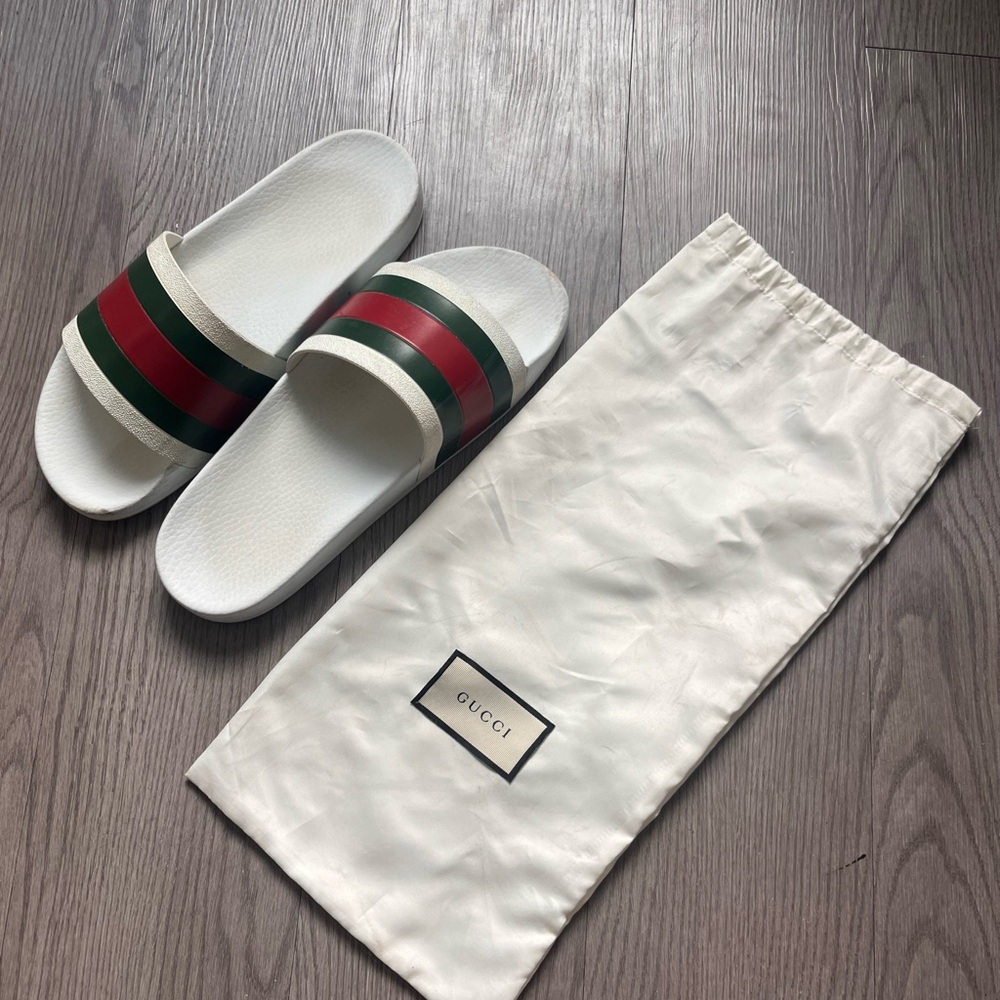 Gucci White Slides with Red and Green Bands